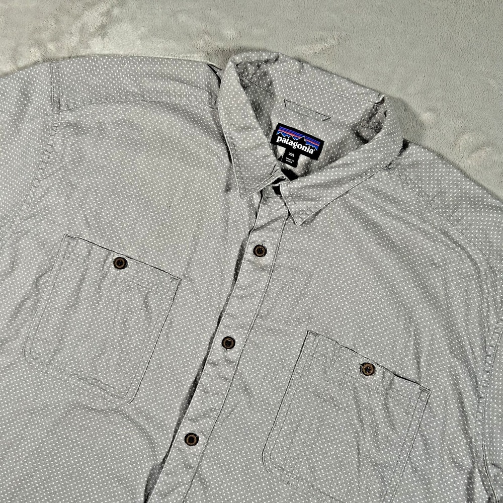 PATAGONIA Back Step Shirt Mens 2XL Gray AOP Hemp Organic Cotton Hiking Camping